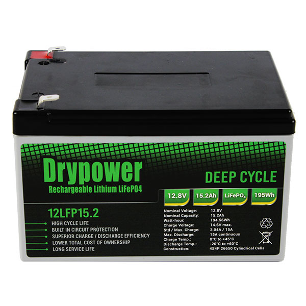 Drypower 12.8V 15.2Ah lithium iron phosphate (LiFePO4) rechargeable battery
