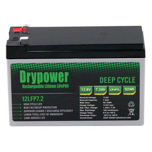 Drypower 12.8V 7.2Ah lithium iron phosphate (LiFePO4) rechargeable battery