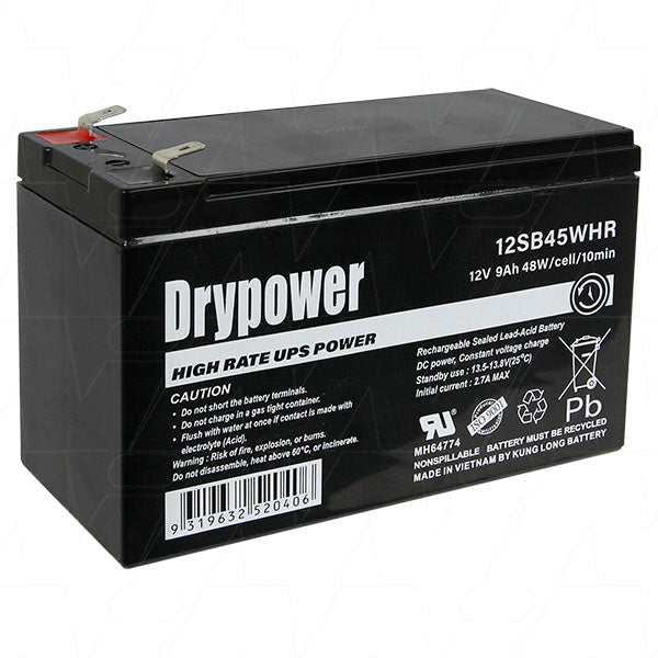 Drypower 12SB45WHR 12V 9Ah 48W/Cell (10min) sealed lead acid high rate battery for standby and UPS replaces