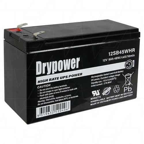 Drypower 12SB45WHR 12V 9Ah 48W/Cell (10min) sealed lead acid high rate battery for standby and UPS replaces