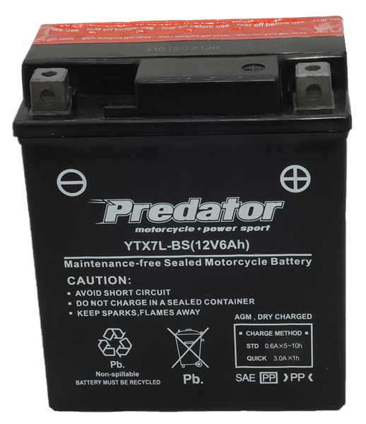 YTX7L-BS 12V Predator Motorcycle Battery  | AGM with ACID PACK - 12V 5Ah
