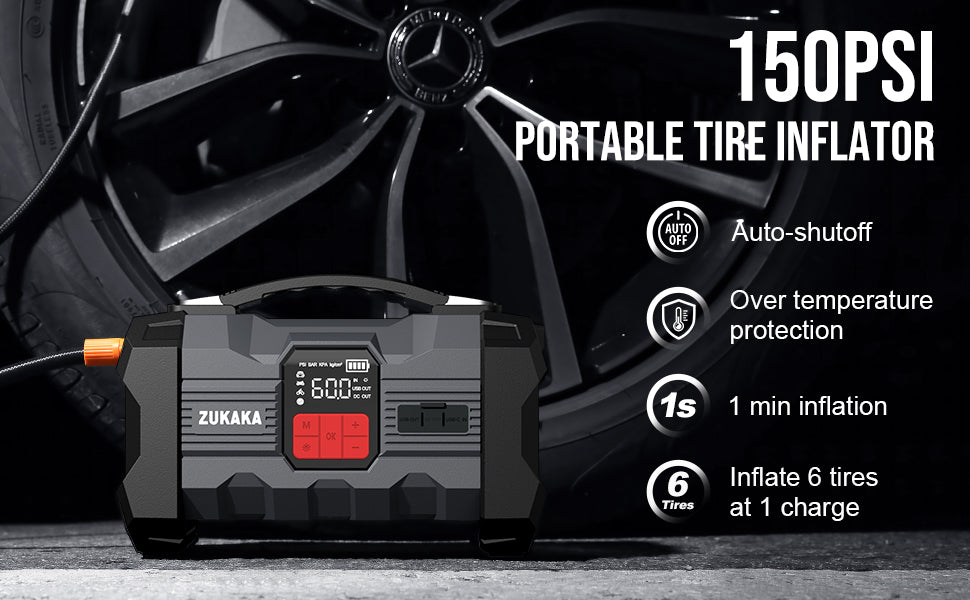 SUPER SALE ! 4000A ZUKAKA 12V Jump Starter & Air Inflator 150 PSI ,4000A Peak 26800mAh Battery Starter Up to All Gas and 8 L Diesel Engine 12V Auto Jump Starter Box Power Bank with USB and Type C Port Jump Box with LED Light