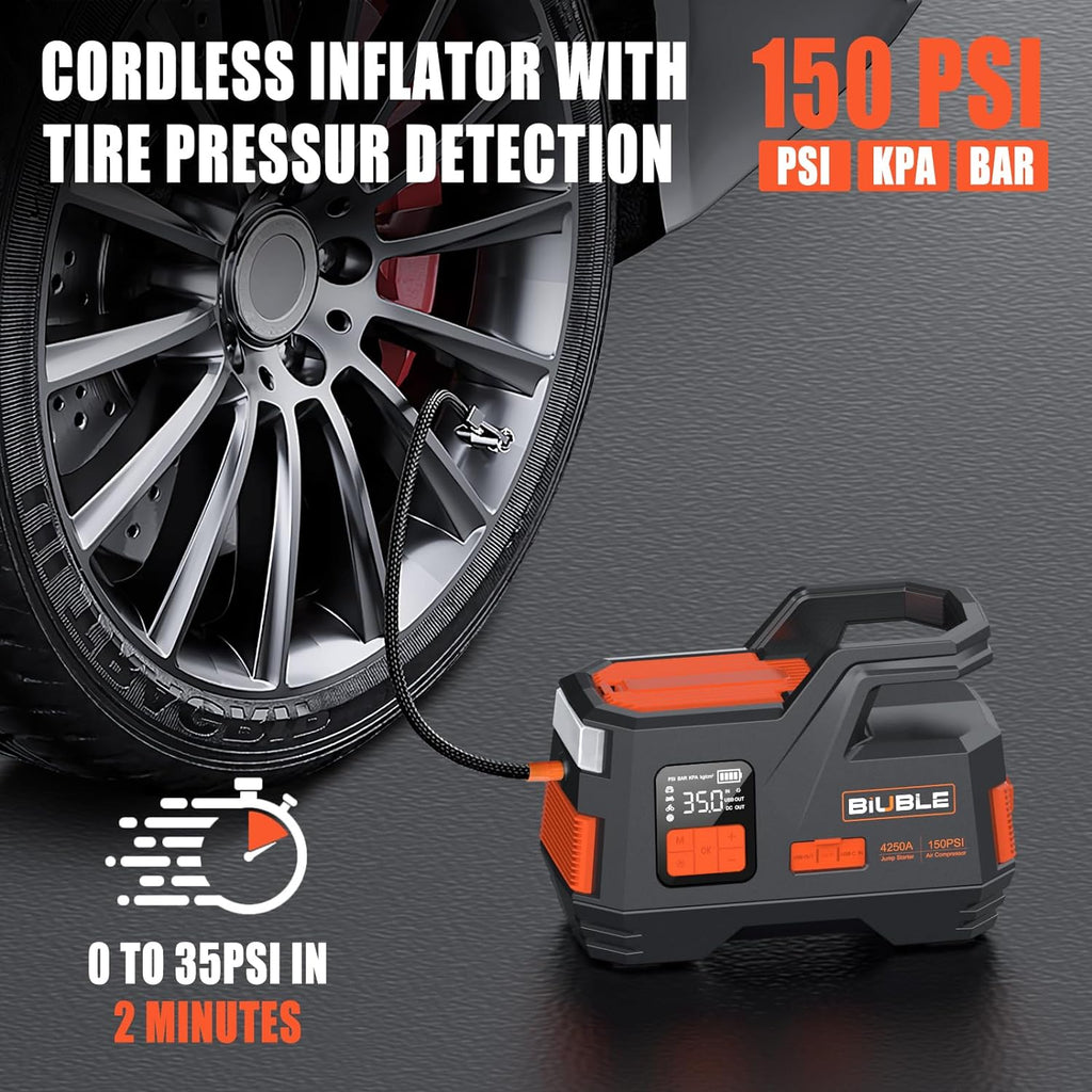Car Jump Starter with Air Compressor,Biuble Jump Starter 4250A 150PSI Inflator for Up to All Gas or 10.0L Diesel Engine 12V Portable Battery Starter Power Pack