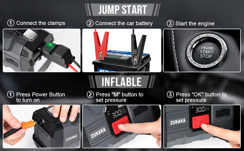 SUPER SALE ! 4000A ZUKAKA 12V Jump Starter & Air Inflator 150 PSI ,4000A Peak 26800mAh Battery Starter Up to All Gas and 8 L Diesel Engine 12V Auto Jump Starter Box Power Bank with USB and Type C Port Jump Box with LED Light