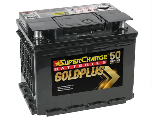 SuperCharge GoldPlus MF55H 12V 680CCA battery with 125 RC & 75Ah. Maintenance-free, durable, and backed by up to 50-month warranty for private use.