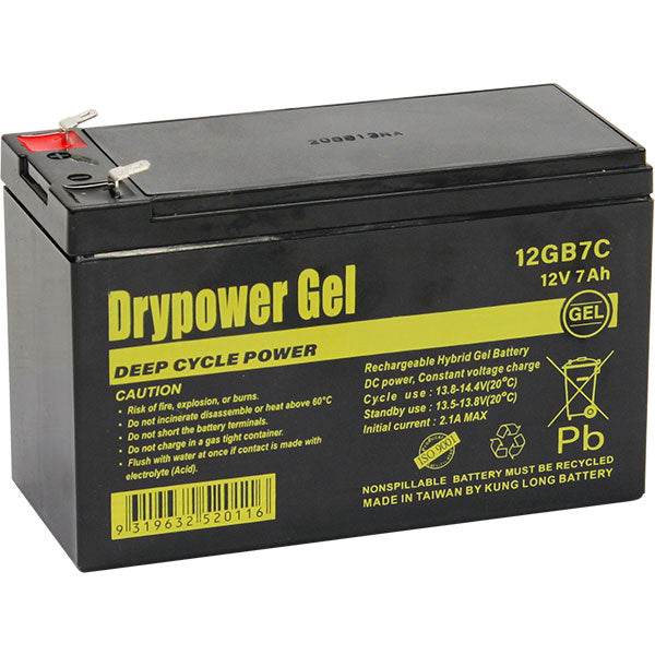 Drypower 12V 7Ah Sealed Lead Acid Hybrid Gel Battery for deep cycle motive power - batterybrands