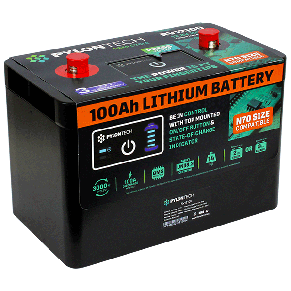 Pylontech RV12100 12.8V 100Ah 1280Wh 4S4P LiFePO4 Battery + SoC Indicator + M8 Terminals (Max 2S OR 8P) + IP20 Rating