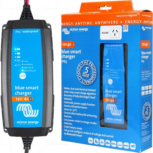Blue Smart IP65s SLA/LiFePO4 charger 12V 4A + alligator clips & M8 eyelets BPC120433014R (AU/NZ Plug) - batterybrands