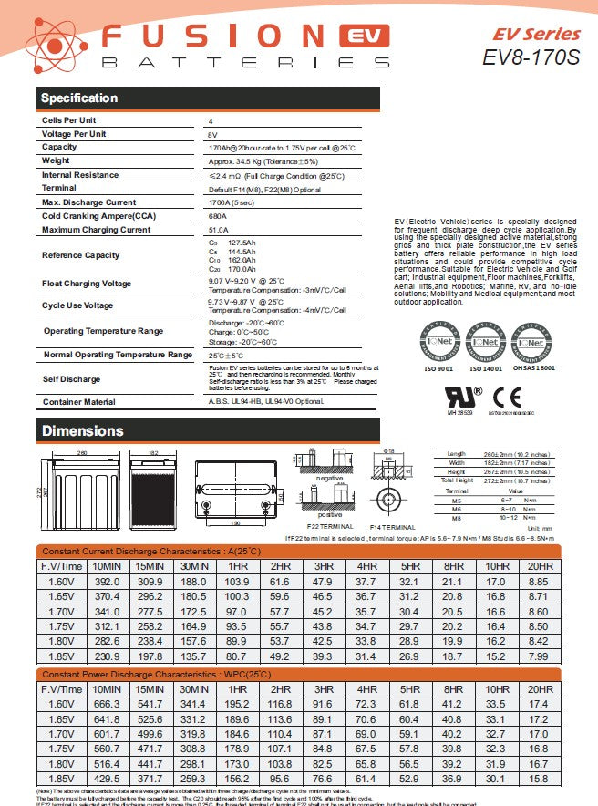 EV8-170S Fusion Electric Vehicle 8V 170AH Deep Cycle Battery