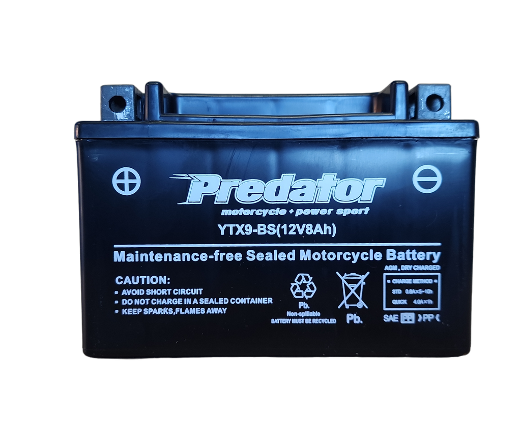 YTX9-BS 12V Predator Sealed Motorcycle Battery AGM with ACID