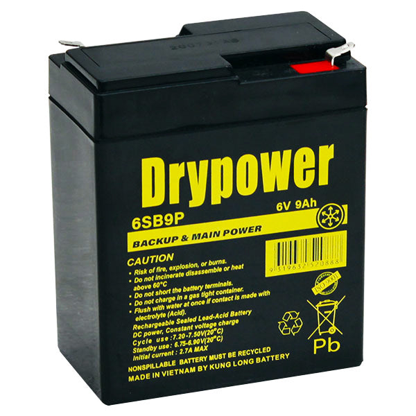 Drypower 6SB9P 6V 9Ah Sealed Lead Acid Battery