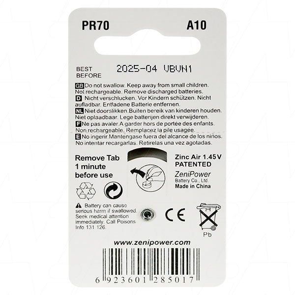 Hearing aid battery A10 (replaces 10AP, 10HPX, A10, AC230E, PR536, PR70, PZA230, V10, V10A, V230A, ZA10)