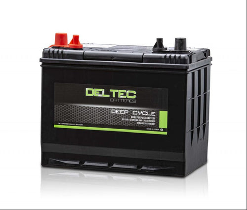Deltec deep cycle battery on a white background