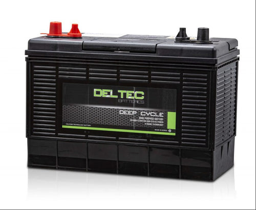Deltec deep cycle battery on a white background