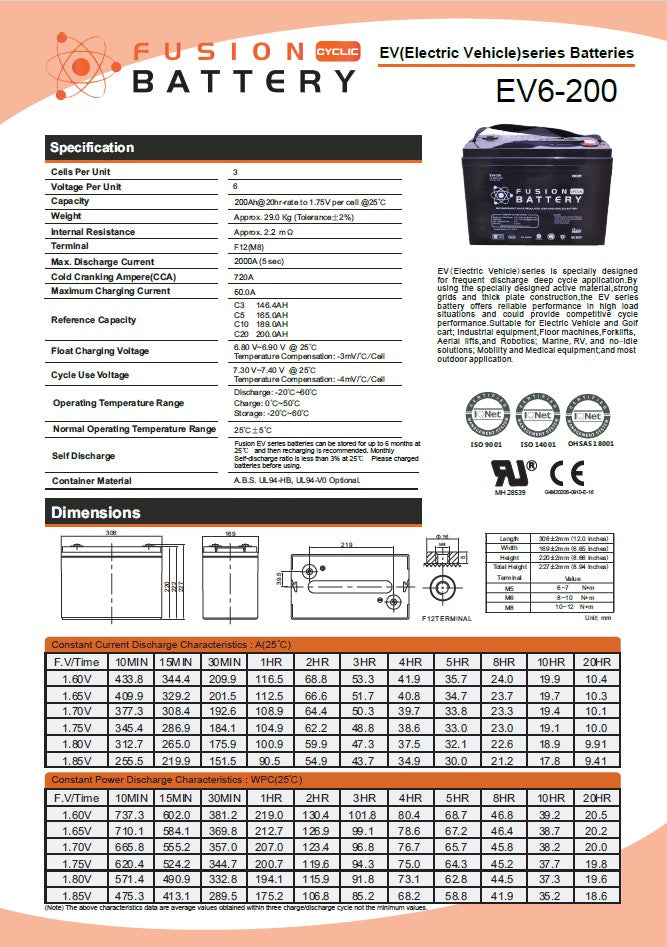 EV6-200 Fusion Electric Vehicle 6V 200AH Deep Cycle Battery