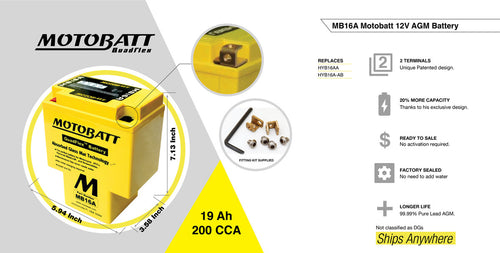 MB16U / YB16BA /  YB16BA / YB16BA1 /  YB16BA1  /  YB16BA2 MOTOBATT AGM BATTERY