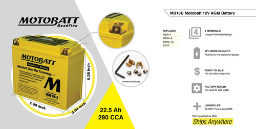 MB18U /SB18-A / YB18A /  YB18A  / YB18LA /  YB18LA / YB18LA2 Motobatt 12V AGM Battery