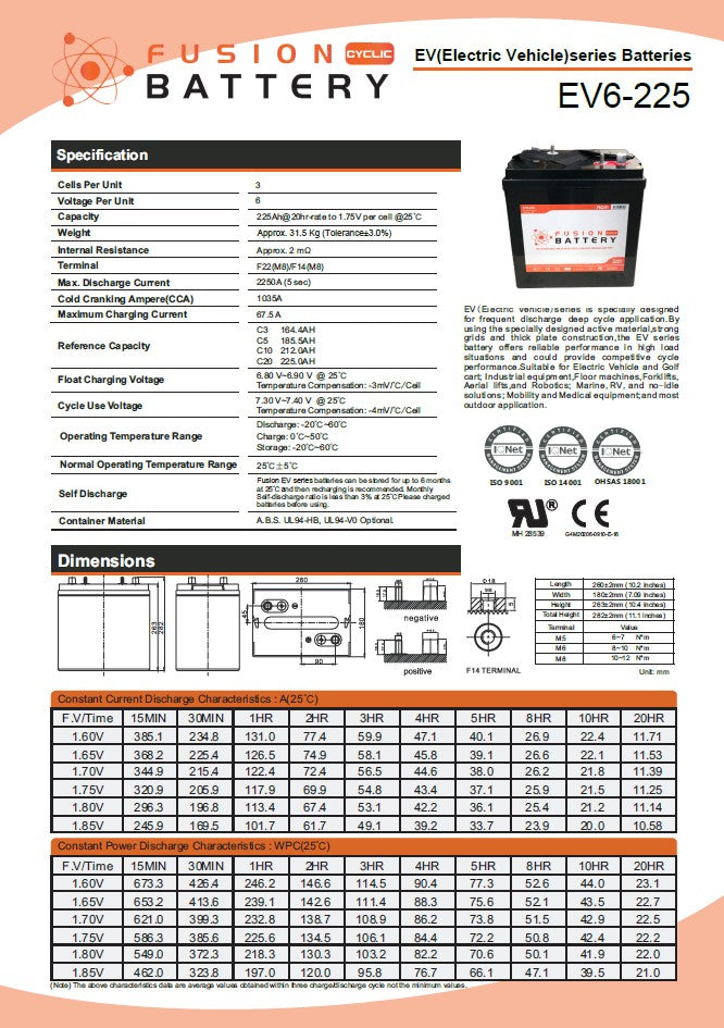 EV6-225 Fusion Electric Vehicle 6V 225AH Deep Cycle Battery