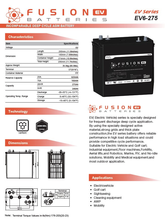 EV6-275 Fusion Electric Vehicle 6V 275AH Deep Cycle Battery