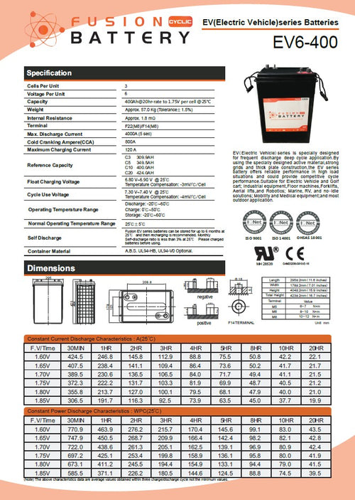 EV6-400 Fusion Electric Vehicle 6V 400AH Deep Cycle Battery