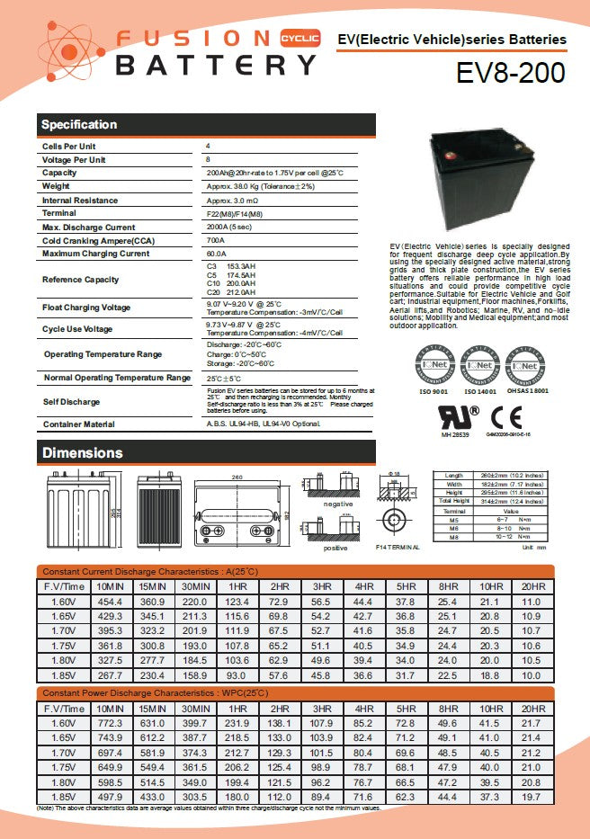 EV8-200 Fusion Electric Vehicle 8V 200AH Deep Cycle Battery