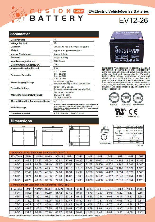 EV12-26 Fusion Electric Vehicle 12V 26AH Deep Cycle Battery
