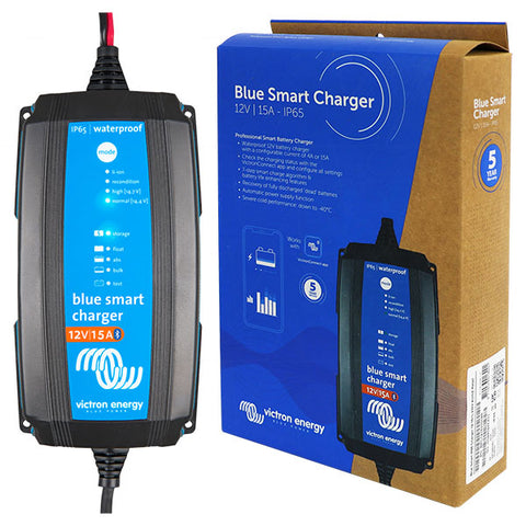 Victron Energy Blue Smart IP65 SLA/LiFePO4 Charger 12V 15A + Alligator Clips & M8 Eyelets BPC121031014R
