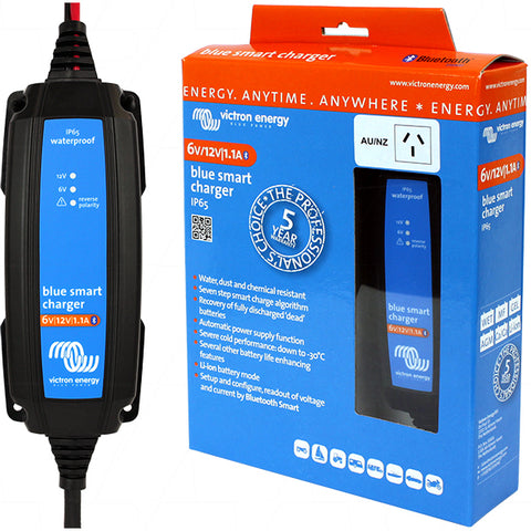Victron Energy VECIP65-6-12/1.1 Blue Smart IP65 SLA/LiFePO4 charger & maintainer - auto voltage 6V/12V 1.1A + alligator clips, M8 eyelets & power port plug BPC120134014R