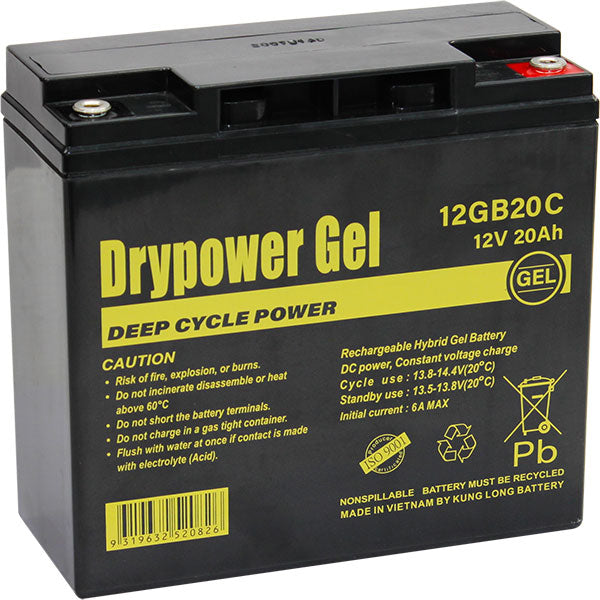 Drypower 12V 20Ah Sealed Lead Acid Hybrid Gel Battery for deep cycle motive power - batterybrands